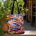 1pc Colorful Rainbow Bus Tote Bag with Sun, Moon Flowers & Butterflies Lightweight Shopping Bag for Women Shopping Shoulder Bag. 