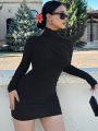 Dulzura Solid Long Sleeve Ruched Mini Dress For Women Bodycon Sexy Streetwear Party Elegant Outfit Birthday Short Dress Evening. 