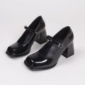 Ladies Summer Black New Small Leather Shoes Mary Janes Vintage Buckle Non-Slip Sandals Woman Medium Heels Casual Elegant Heels. 