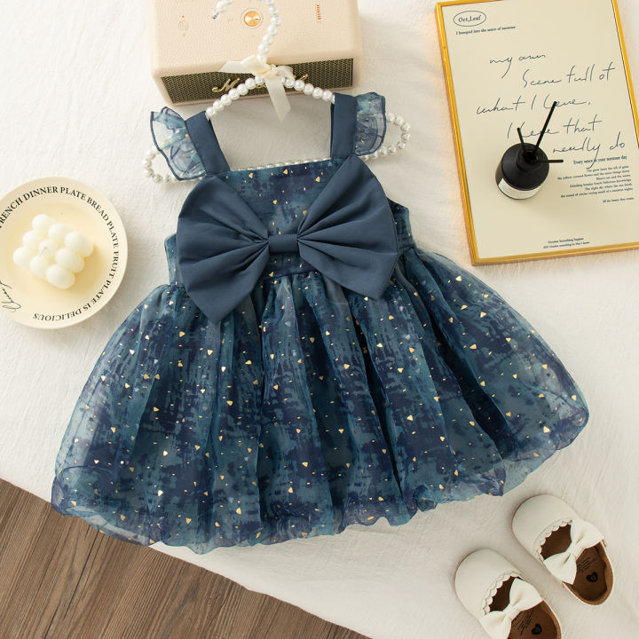 Summer Baby Girl Dress Bow Sequined Sleeves Princess Tulle Dress for Kids Girl Dance Party Gown Summer Clothes