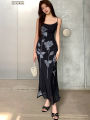 2026 Spring Summer New Women's Design Sense Stretch Mesh Rose Print Bodycon Cami Dress Korean-style Bodycon Maxi Dresses. 