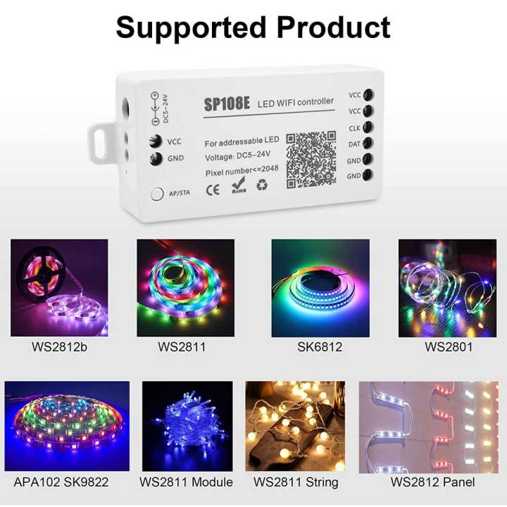 SP108E Wifi SPI Pixel LED Controller DC5-24V for WS2812B WS2811 WS2815 ...