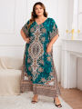 Spring/Summer New plus Size Women's Ethnic Print Vacation Style Wrap Long Robe Elegant Commute Loose Dress. 