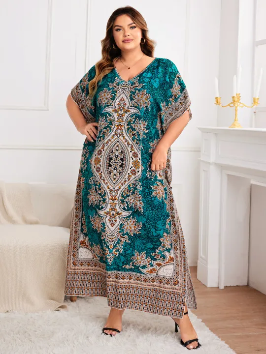 Spring/Summer%20New%20plus%20Size%20Women's%20Ethnic%20Print%20Vacation%20Style%20Wrap%20Long%20Robe%20Elegant%20Commute%20Loose%20Dress%20-%20Image%206