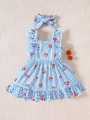 2-piece set of newborn baby girl pink cartoon strawberry plaid printed dress, cute, sweet, fresh bow headband, 0-3 months old, s.