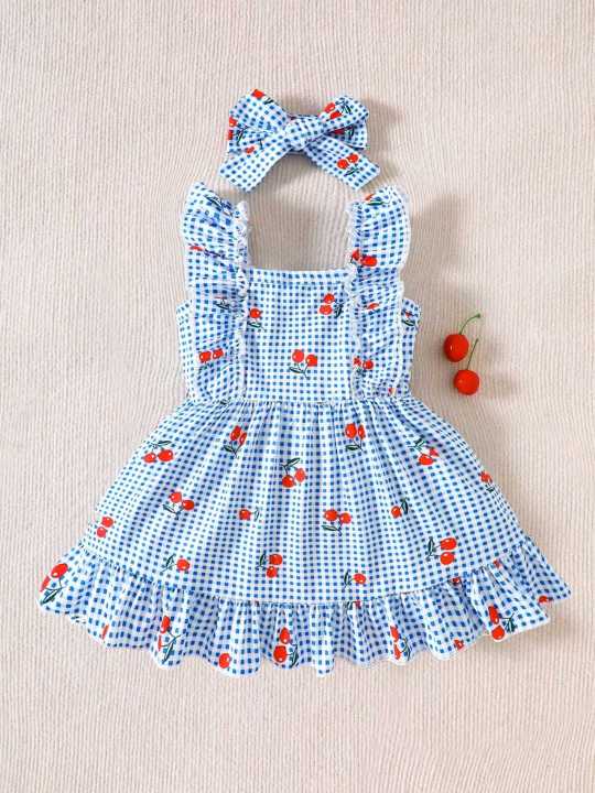 2-piece set of newborn baby girl pink cartoon strawberry plaid printed dress, cute, sweet, fresh bow headband, 0-3 months old, s