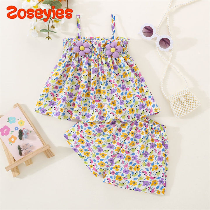 Summer Baby Girls 2 Pieces/Set Fragmented Flower Strap Top+Chiffon Shorts Cool Beach Daily Home Wear