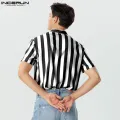 INCERUN Man Stylish Button Blouse Summer Casual Tops Masculina Fashion Striped Men's Shirts Short Sleeve Stand Collar Shirts 5XL. 