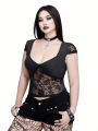 Plus Size V-neck Bow Lace Sheer Blouse Slim-fit Top Y2K Style Halloween Collection Black Cat T-shirt.