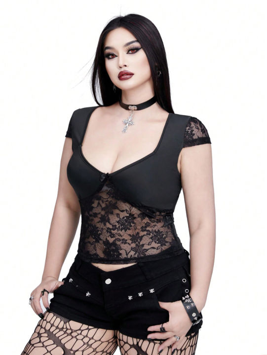 Plus Size V-neck Bow Lace Sheer Blouse Slim-fit Top Y2K Style Halloween Collection Black Cat T-shirt