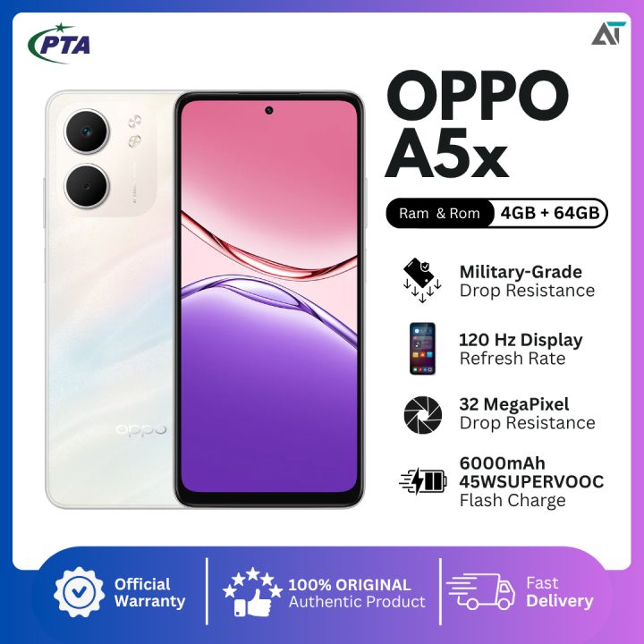 OPPO A5x, 4GB 64GB – 6000mAh Battery, IP65 Waterproof, 45W Fast Charging, 32MP Camera, Laser White