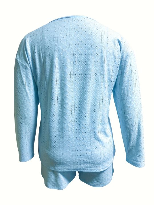 Plus%20Size%20Eyelet%20Casual%20Shorts%20Set,%20Crew%20Neck%20Long%20Sleeve%20Top%20&%20Shorts%20Outfits,%20Women's%20Plus%20Size%20Clothing%20-%20Image%202
