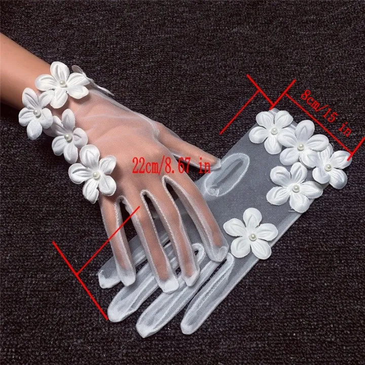 Korean%20Simple%20Short%20White%20Transparent%20Mesh%20Flower%20Pearl%20Wedding%20Dresses%20Gloves%20For%20Bride%20Evening%20Parties%20etiquette%20Accessories%20-%20Image%204
