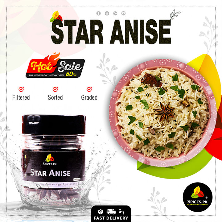 Premium Star Anise 30g - Badiyan Ka Phool - Whole Star Anise Spice for Biryani & Garam Masala