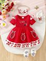 2025 Summer New Beetle Pattern Lace Short Sleeve Same Pattern Headband Dress. 