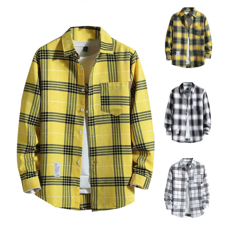 2024 New Fashion Loose Mens Plaid Shirt Fresh College Style Design Blouses And Tops Long Sleeve Casual  Checked Clothes