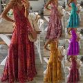 European And American New 2023 Bohemian Style New Strap Long Dress High Waist V-Neck Printed Fragmented Flower Dress Women's Wea. 