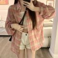 Tops Women Sheer Chiffon Plaid Shirt Long Sleeve Button Up Collared Oversize Checked Shirts and Blouse Summer Casual Outfit.