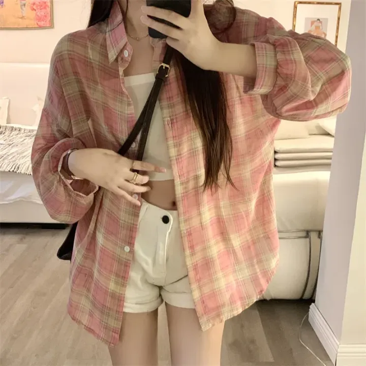 Tops%20Women%20Sheer%20Chiffon%20Plaid%20Shirt%20Long%20Sleeve%20Button%20Up%20Collared%20Oversize%20Checked%20Shirts%20and%20Blouse%20Summer%20Casual%20Outfit%20-%20Image%203