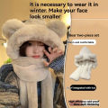 Winter Warm Plush Fleece 3-in-1 Bear Ear Hooded Cap Scarf Gloves Set Windproof Outdoor Accessories for Cold Weather.