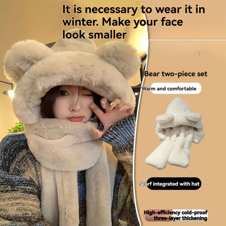 Winter%20Warm%20Plush%20Fleece%203-in-1%20Bear%20Ear%20Hooded%20Cap%20Scarf%20Gloves%20Set%20Windproof%20Outdoor%20Accessories%20for%20Cold%20Weather%20-%20Image%203