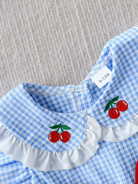 Summer%20Baby%20Girls%202Pcs%20Set%209-12M%20Blue%20Gingham%20Cherry%20Embroidered%20Ruffle%20Top%20&%20Bloomers%20%20Infant%20Casual%20Daily%20Wear%20-%20Image%203