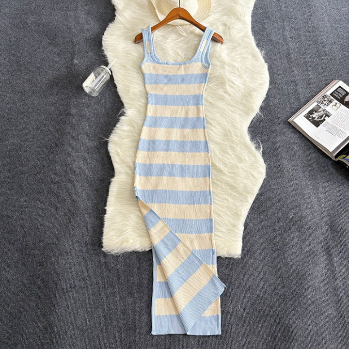 2024%20Stripe%20Summer%20Elastic%20Split%20Bodycon%20Dress%20%20Beach%20Vacation%20Sundress%20Women%20Casual%20Slim%20Pencil%20Vestidos%20Maxi%20Long%20Dress%20-%20Image%203