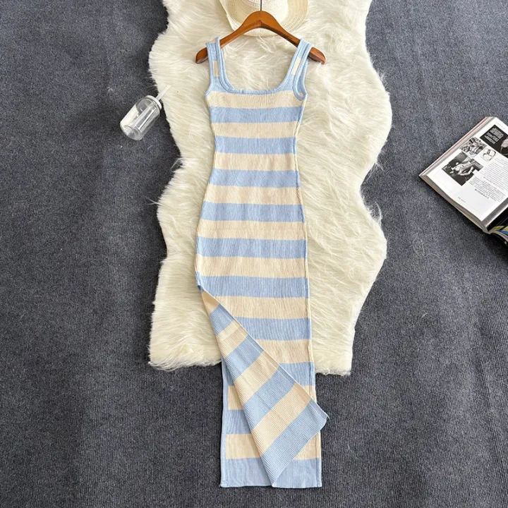 2024%20Stripe%20Summer%20Elastic%20Split%20Bodycon%20Dress%20%20Beach%20Vacation%20Sundress%20Women%20Casual%20Slim%20Pencil%20Vestidos%20Maxi%20Long%20Dress%20-%20Image%203