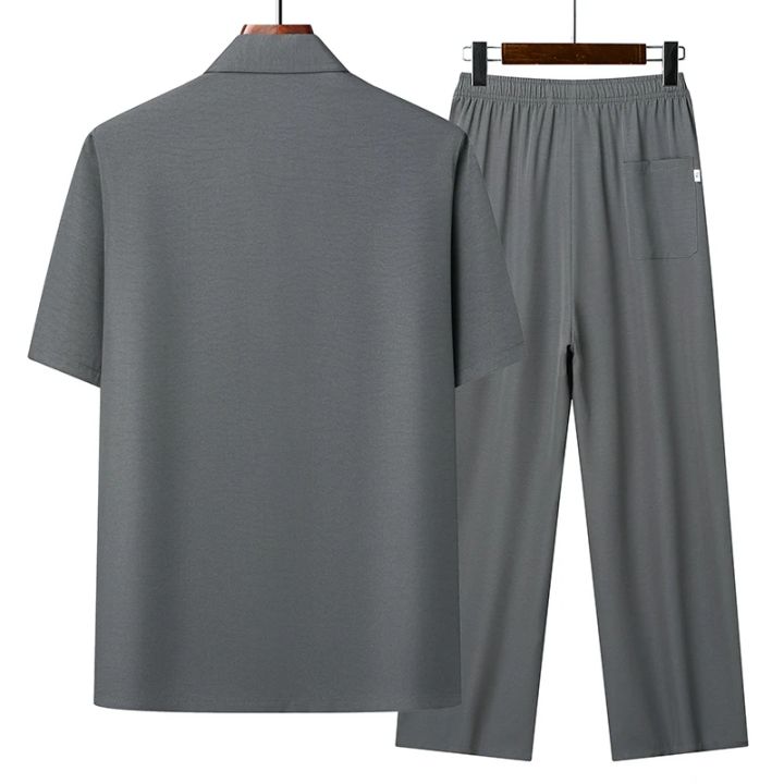 (Top%20+%20Pants)%20Summer%20Leisure%20All%20Match%20Middle-aged%20and%20Old%20Dad%20Men%20Fashion%20Trend%20Grandpa%20Loose%20Lapel%20Half-sleeve%20Shirt%20Set%20-%20Image%205