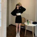 Set of 2 pieces Women's long-sleeved crop top + A-line short skirt Korean-style girl's dress Korean Cute Korean girl set. 
