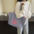 Large Capacity Tote Double-sided New Striped Casual Single Shoulder Textured Embroidered Canvas Bag for Students. 