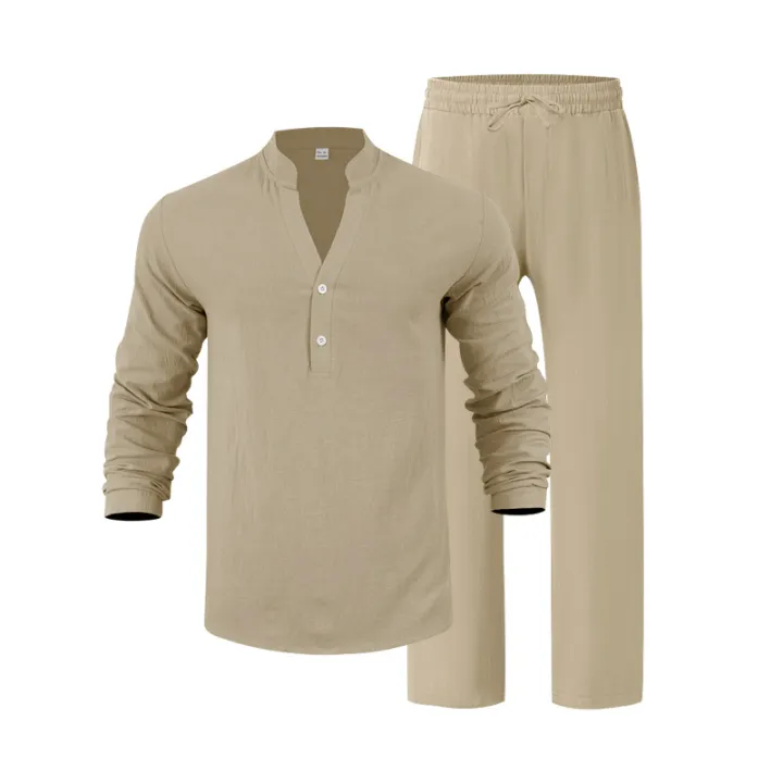 Linen%20Autumn%20New%20Men's%20Suit%20Beach%20Style%20Loose%20Casual%20Breathable%20V-Long%20Sleeve%20Henley%20Shirt%20with%20Straight-Leg%20Pants%202%20Set%20-%20Image%207