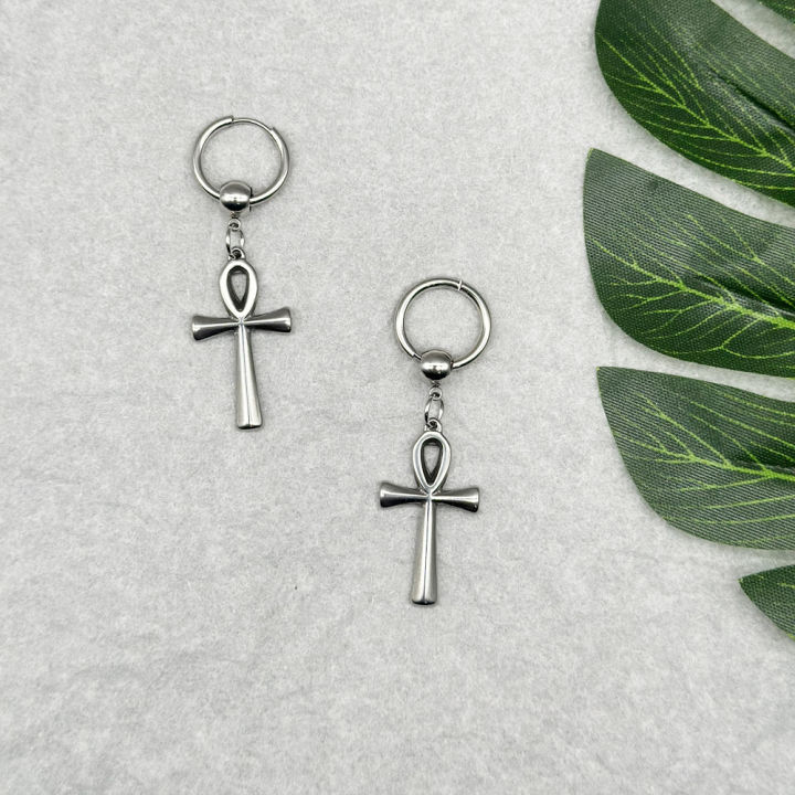 Egyptian Ankh Cross Drop Earrings Religious Key of Life Symbol Stainless Steel Hoop Earrings for Women Men