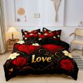 3Pcs Red Rose Heart Letter Love Print Bedding Set Included 1 Duvet Cover & 2 Pillowcases For All-Season Home Hotel Dorm Decor. 