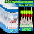 TAKBAS 1/3/5Packs Sabiki Rigs Saltwater, Fish Skin Mackerel Feathers Rigs, Sea Fishing Rigs with Luminous Beads Flasher Rig.