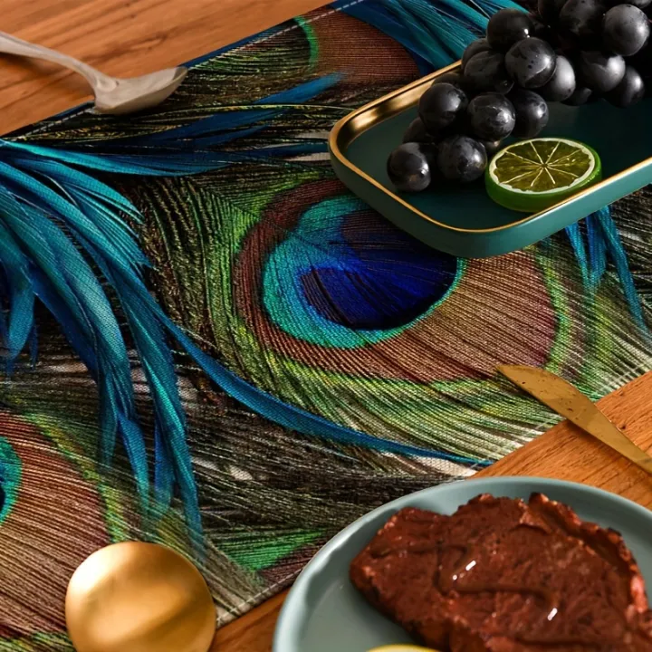 1pc%20Abstract%20Peacock%20Feather%20Linen%20%20Table%20Runner%20%20-%20Kitchen/Dining%20Decor,%20Perfect%20for%20Holiday%20Party%20Table%20Centerpiece%20-%20Image%204