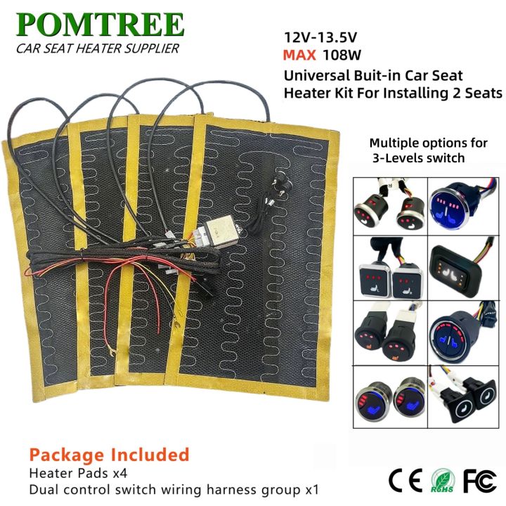 New Built-In Car Seat Heater Kit Fit 1/2 Seats,12V 2/4Pcs Universal Alloy Wire Heating Pads 3 Levels Dual Control Heated Switch