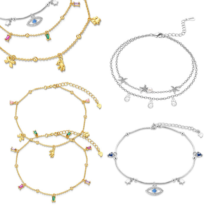 Cute 925 Silver Anklet Bear Bow Evil Eye Starfish Love Heart Design Beach Footwear Accessories