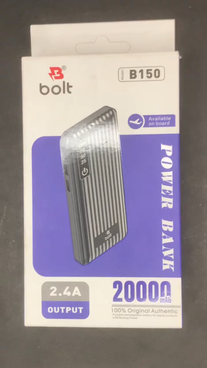 Bolt Power Bank High Capacity 20,000 mAh (Actual 8,000), 2.4A Output Fast Charging with Torch Light Built-in (Black/White) by Asaan-Shop
