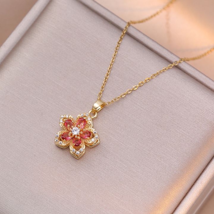 Light%20Luxury%20Shiny%20Zircon%20Rotatable%20Flower%20Pendant%20Necklace%20For%20Women%20Stainless%20Steel%20Romantic%20Spin%20Floral%20Plant%20Choker%20Jewelry%20-%20Image%202
