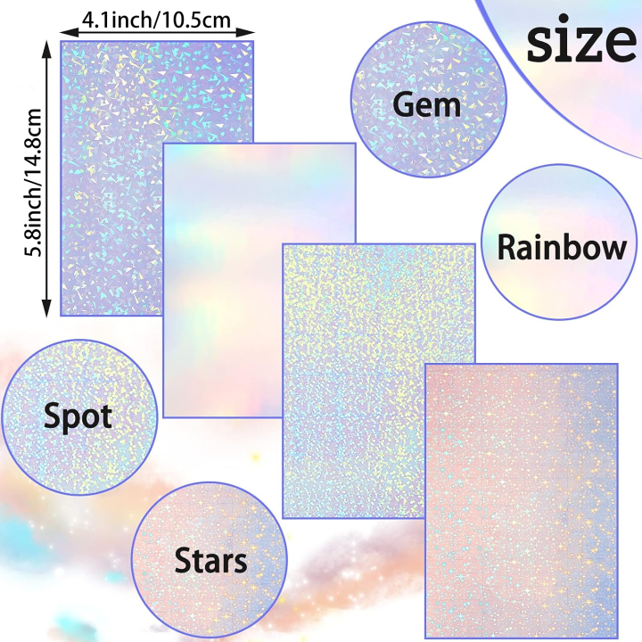 50%20Sheets%20Holographic%20Vinyl%20Sticker%20Paper%20Clear%20A6%20Self%20Adhesive%20Waterproof%20Cold%20Lamination%20Film%20Gem%20Rainbow%20Sand%20Star%20Patterns%20-%20Image%202