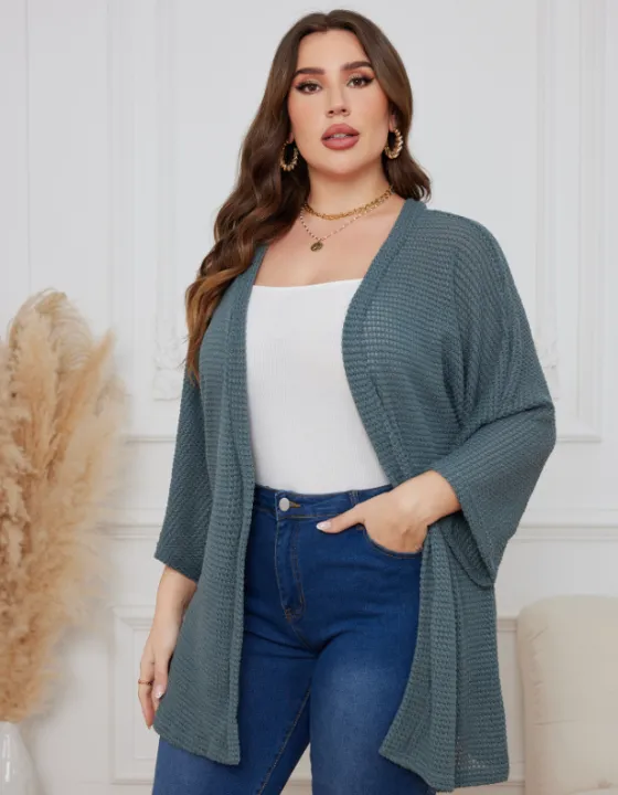 Oversized%20casual%20cardigan,%20women's%20plus%20size%20waffle%20knit%20cardigan%20with%20three-quarter%20length%20sleeves%20-%20Image%205