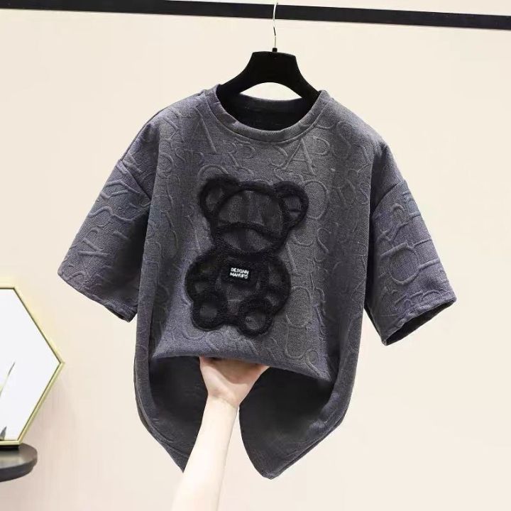Women's%20T-shirts%20Harajuku%20Girls%20Plus%20Size%20Tops%20Letter%20Jacquard%20O-neck%20Short%20Sleeves%20Loose%20Summer%20Tshirt%20Bear%20White%20Tees%20M-2XL%20-%20Image%204