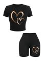 Summer Women Slim-fit T-Shirts & Shorts 2 Pieces Set Simple Hearts Pattern Prints Crop Tops Fashion High Elastic Soft Clothes.