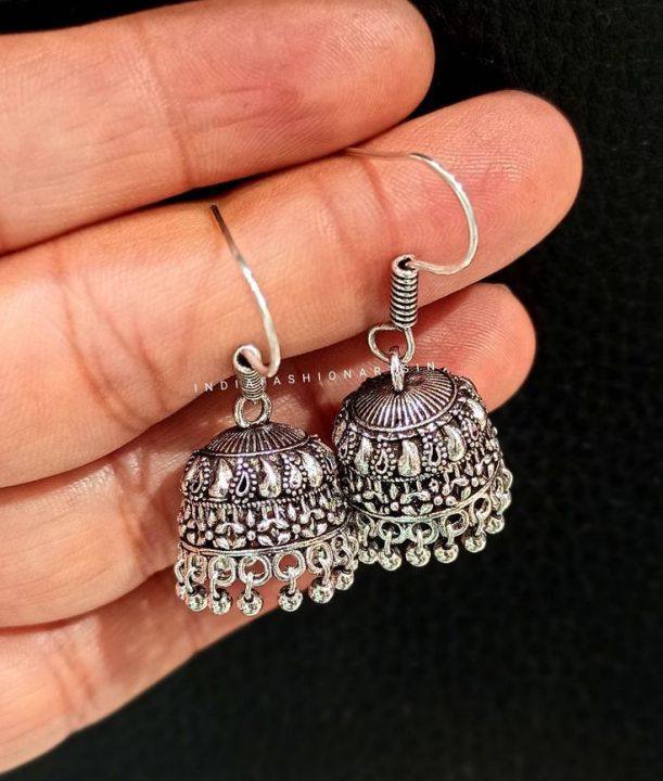 Silver%20Oxidized%20Jhumka%20Earrings%20Bahubali%20Small%20Jhumki%20Classic%20Style%20for%20Piercing%20Studs%20Hoops%20earrings%20woman%20and%20Girls%20-%20Image%204