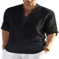 Men's casual loose shirt men's fashion stand collar pure cotton long-sleeved pure color shirt large men's wear. 