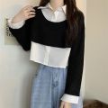 Fake 2 Pcs Shirts Long Sleeve Patchwork Tender Girl Crop Tops Camisas Ropa Mujer All-match Spring Clothing. 