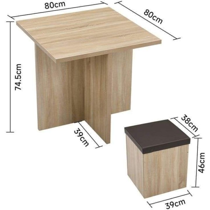 Modern Wooden Dining Table with Storage Stool – 80x80 cm Square Table with Padded Seat Box, Multi-Purpose Furniture for Home & Office