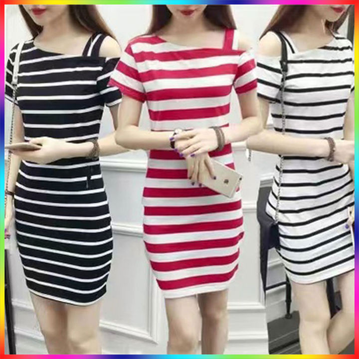 + Korean sax + beautiful chic stretch fabric with 3 color sax short sleeve open shoulder 1 side dress Sax (4)