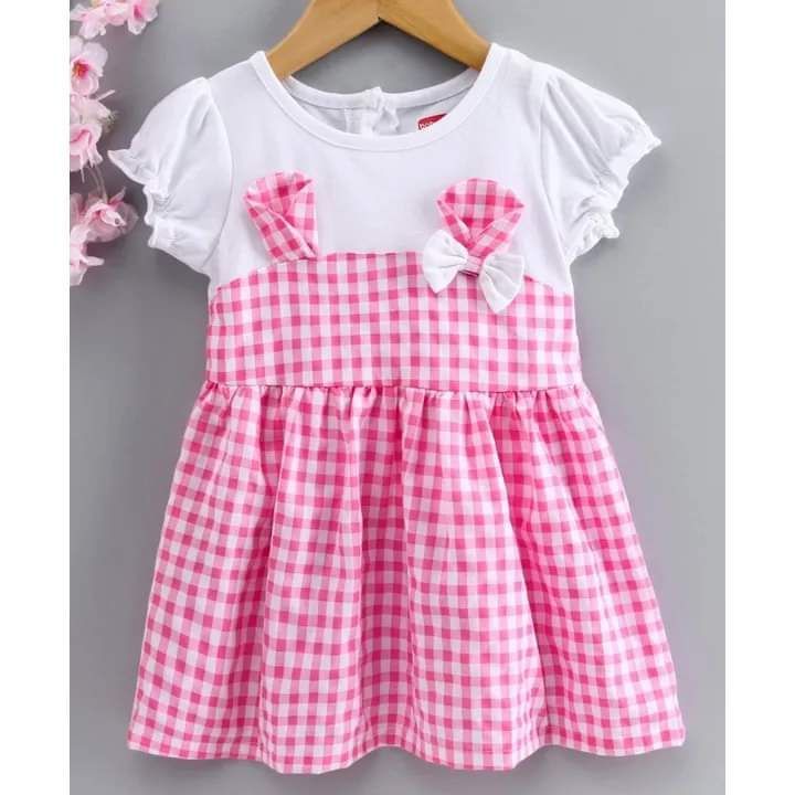 Pink Cotton stylish check frock for baby